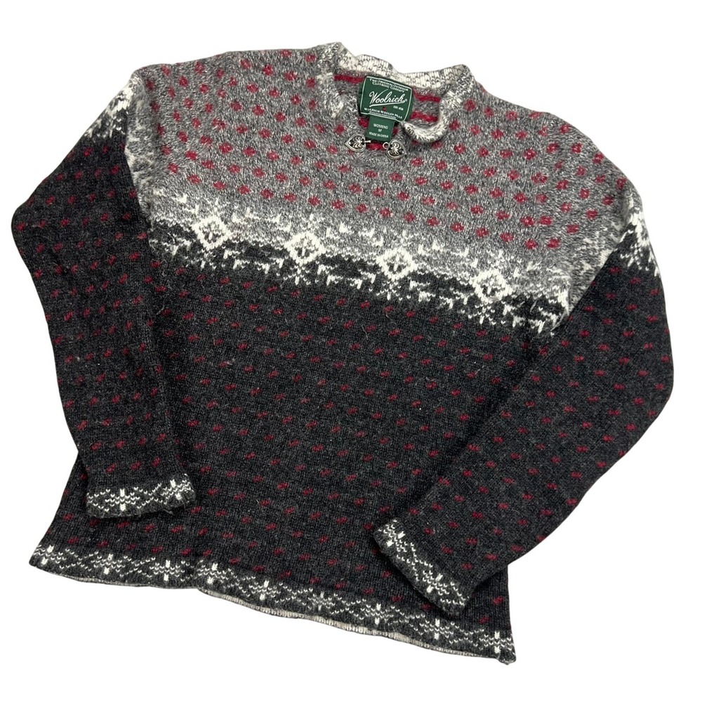 Woolrich Lambswool Fair Isle Sweater Womens M‎ Charcoal Red Heart Clasp Nordic
